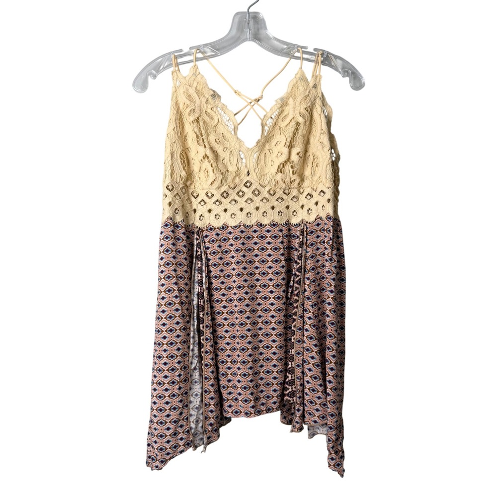 Gimmicks BKE Babydoll Mini Tunic Dress Womens L Red Multi Boho Lace Strappy Y2K